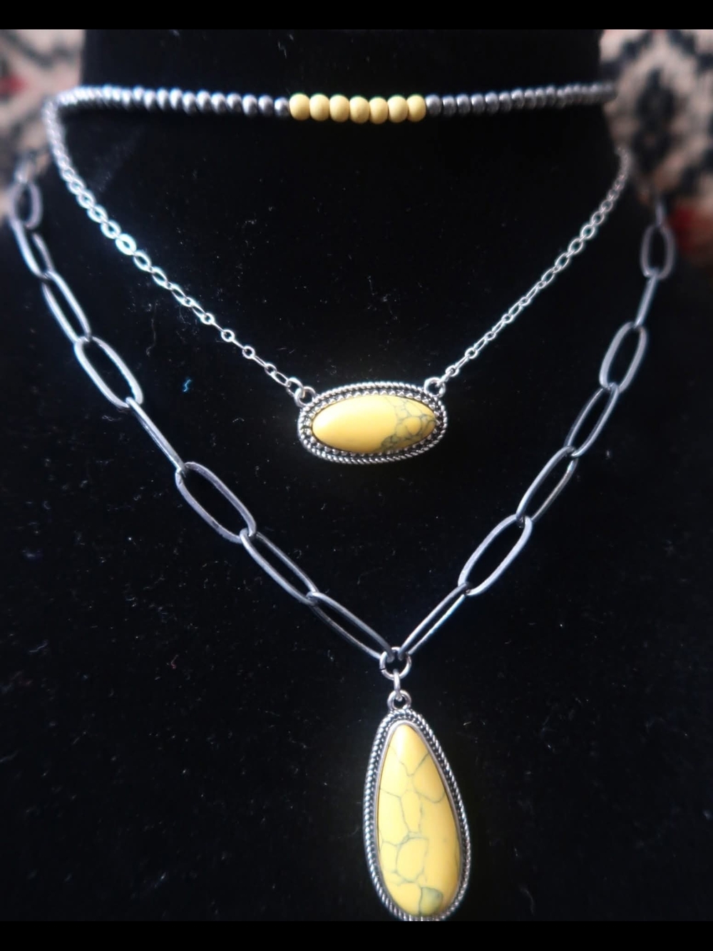 3 Layered Yellow Stone Pendant Necklace Set - Women Jewelry